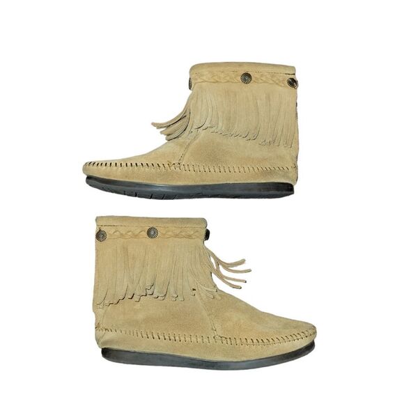 Minnetonka Moccasins 297T - Women's  Fringe Boot Bootie - Taupe Suede 5.5 - Picture 8 of 13